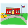 The American flag flies in front of schools.  Picture